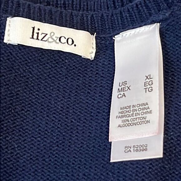 LIZ & CO V-Neck Navy with White Polka Dots Sweater - Size XL - Picture 7 of 8